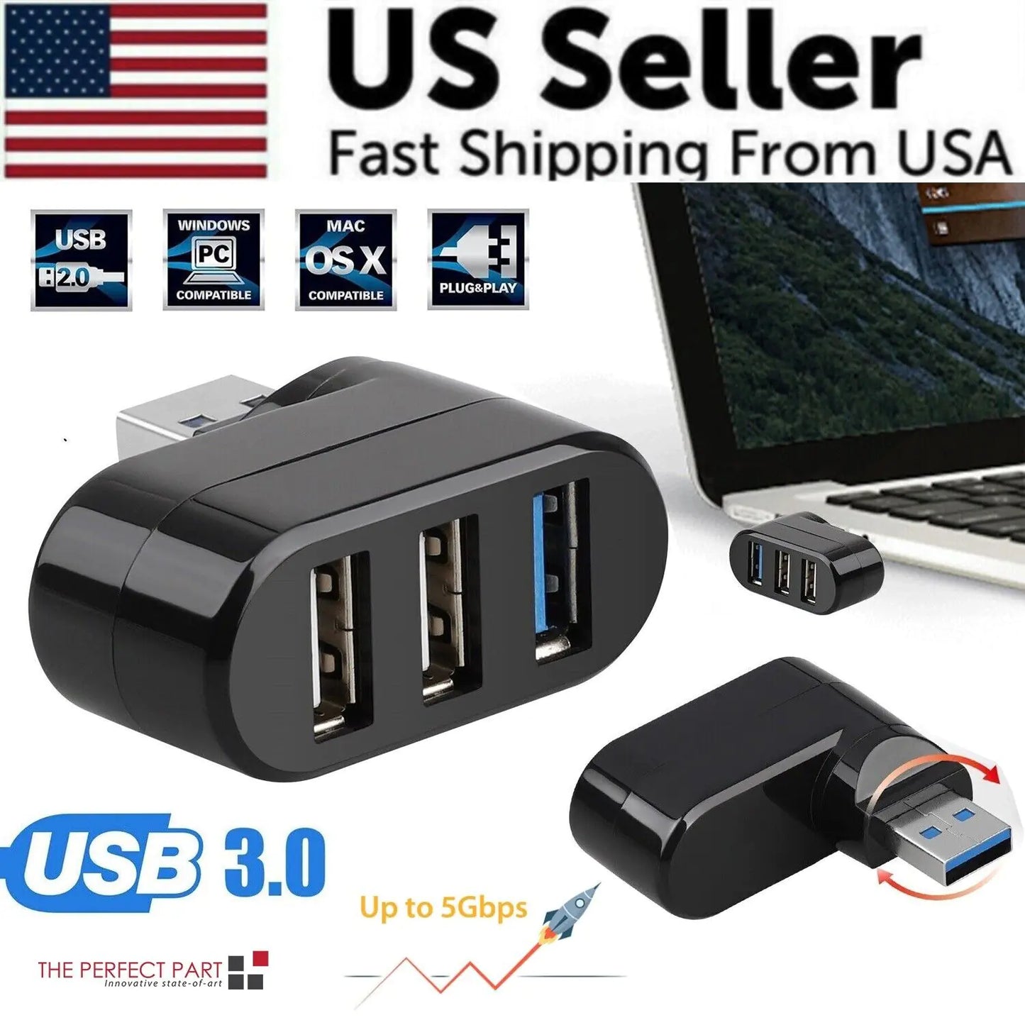 High Speed 3 Port USB 3.0 Multi HUB Splitter Expansion Desktop PC Laptop Adapter