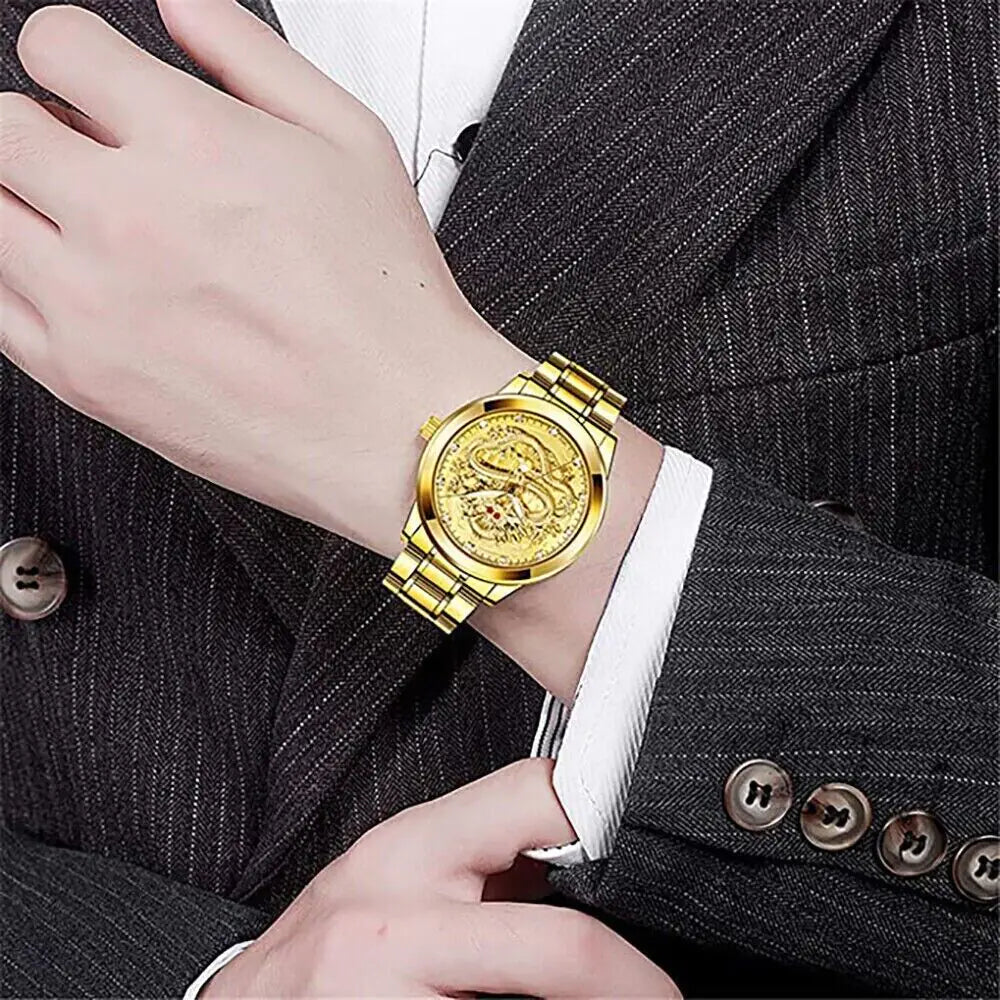 Business Gift Waterproof Gold Men's Diamond Quartz Watch Classic Stainless Steel