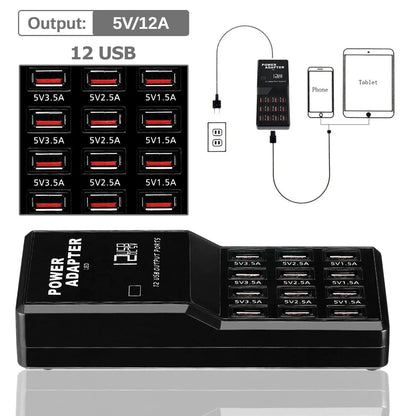 Multi 12 Port USB Charging Station Hub Desktop Wall Cell Phone Charger Organizer