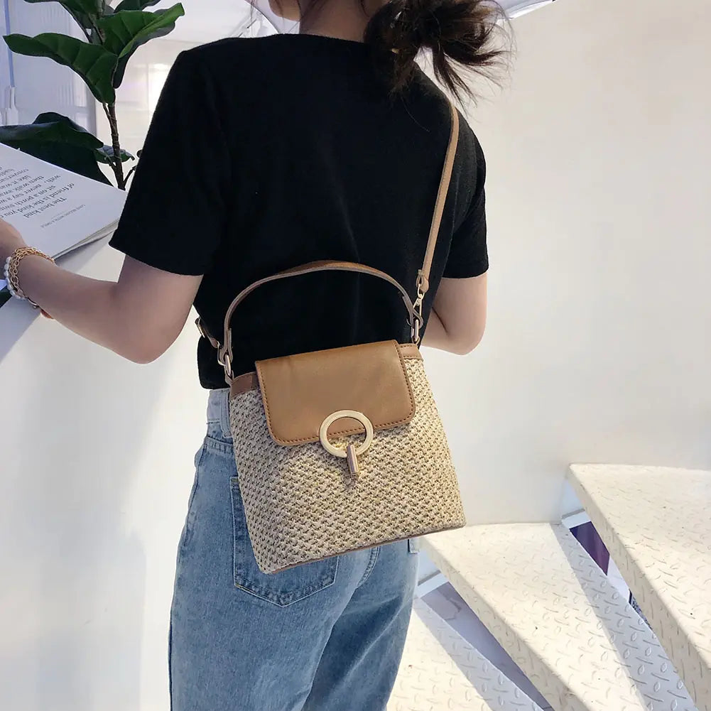 Small Straw Bucket Crossbody Bag