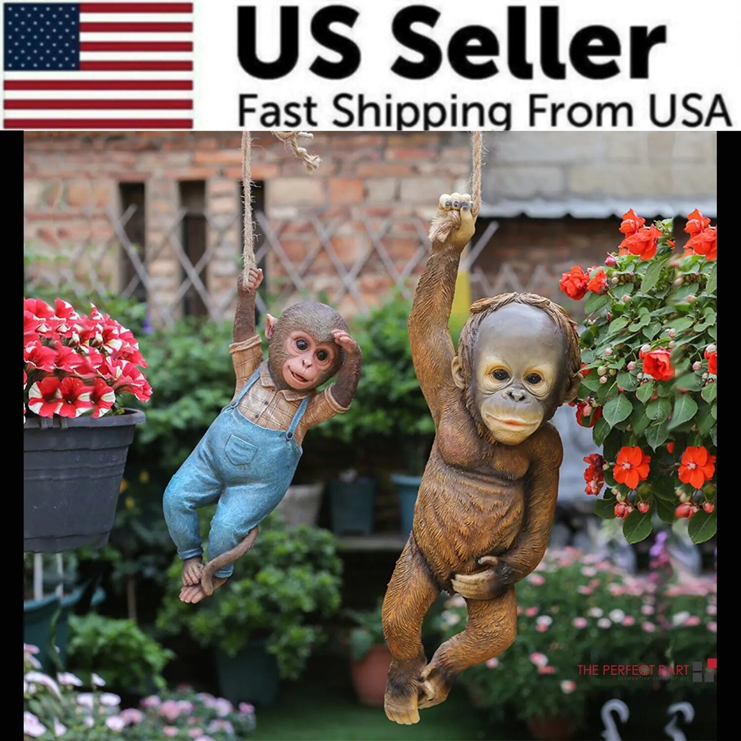 Monkey Chimp Hanging Rope Garden Ornament Outdoor Statue Sculpture Resin Decor